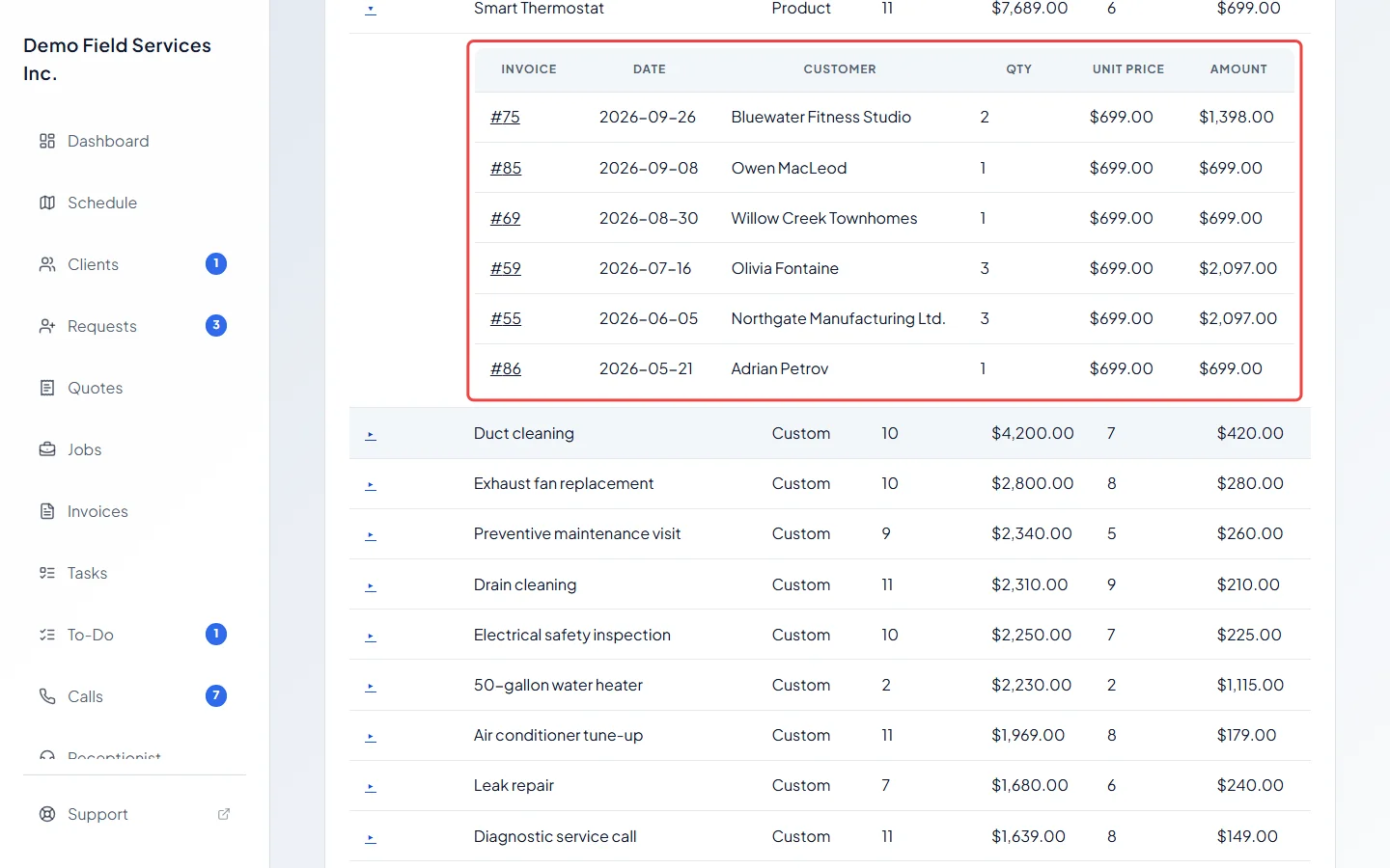 An item opened to show the invoices it was billed on