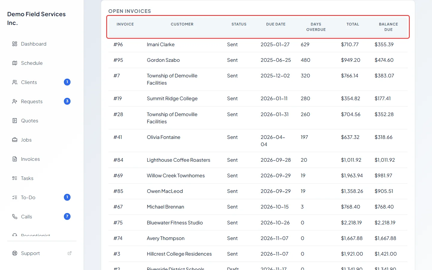 The Open invoices table listing each unpaid invoice