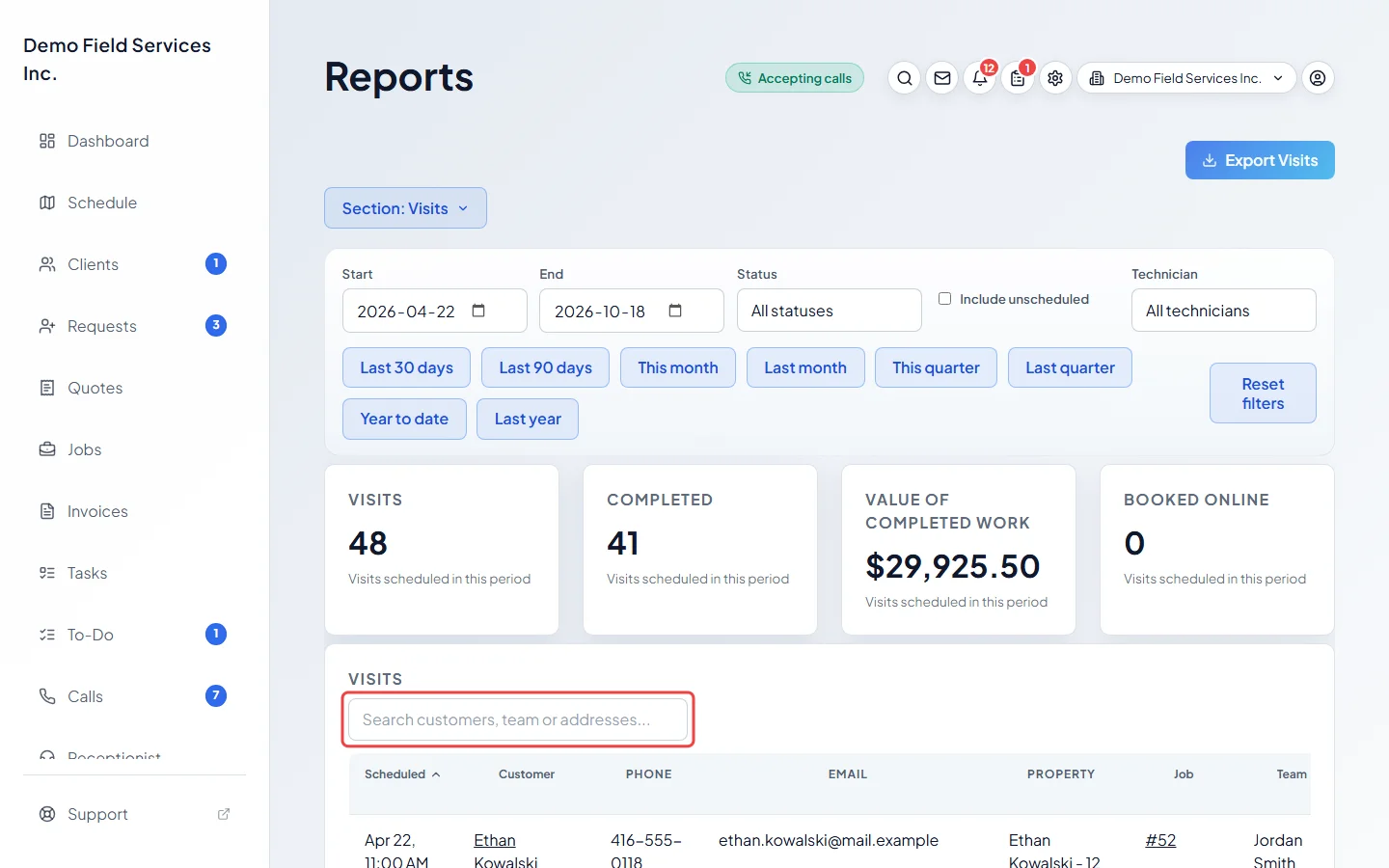 The search box above the Visits list