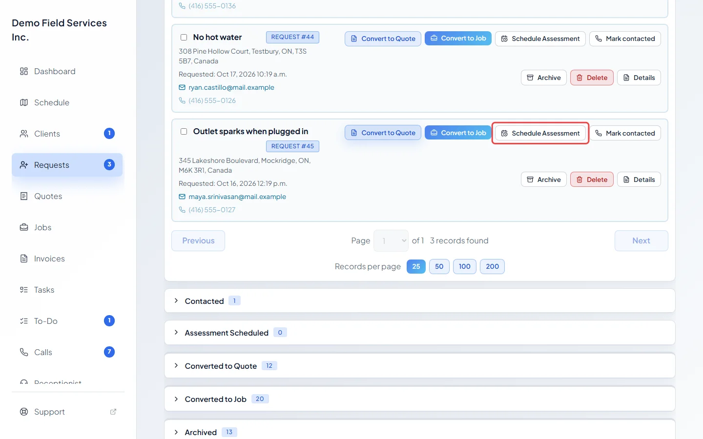 A request card in the New stage with its Schedule Assessment button highlighted