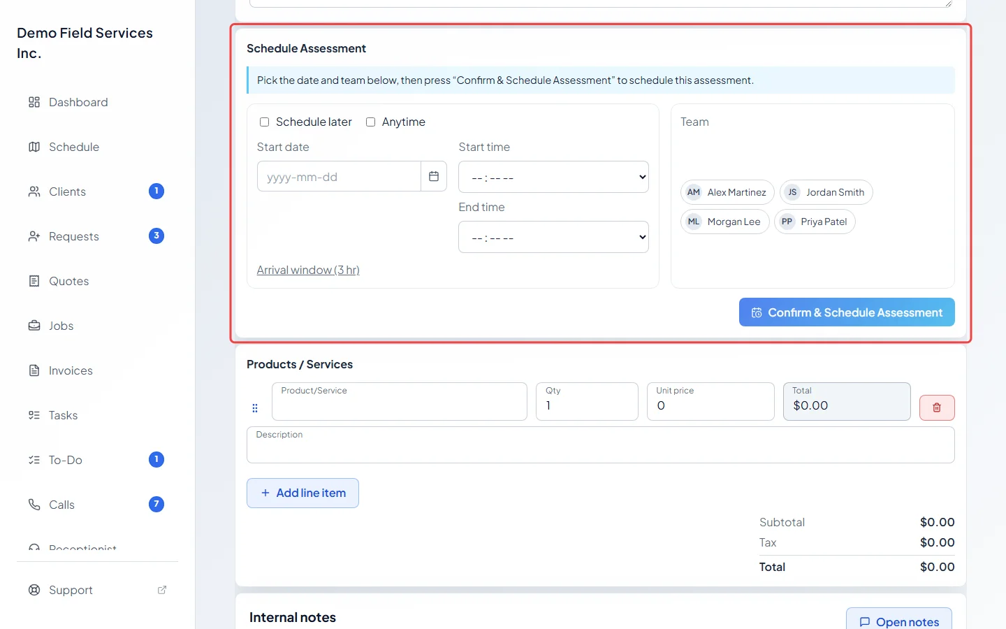 The Schedule Assessment section highlighted on the request page