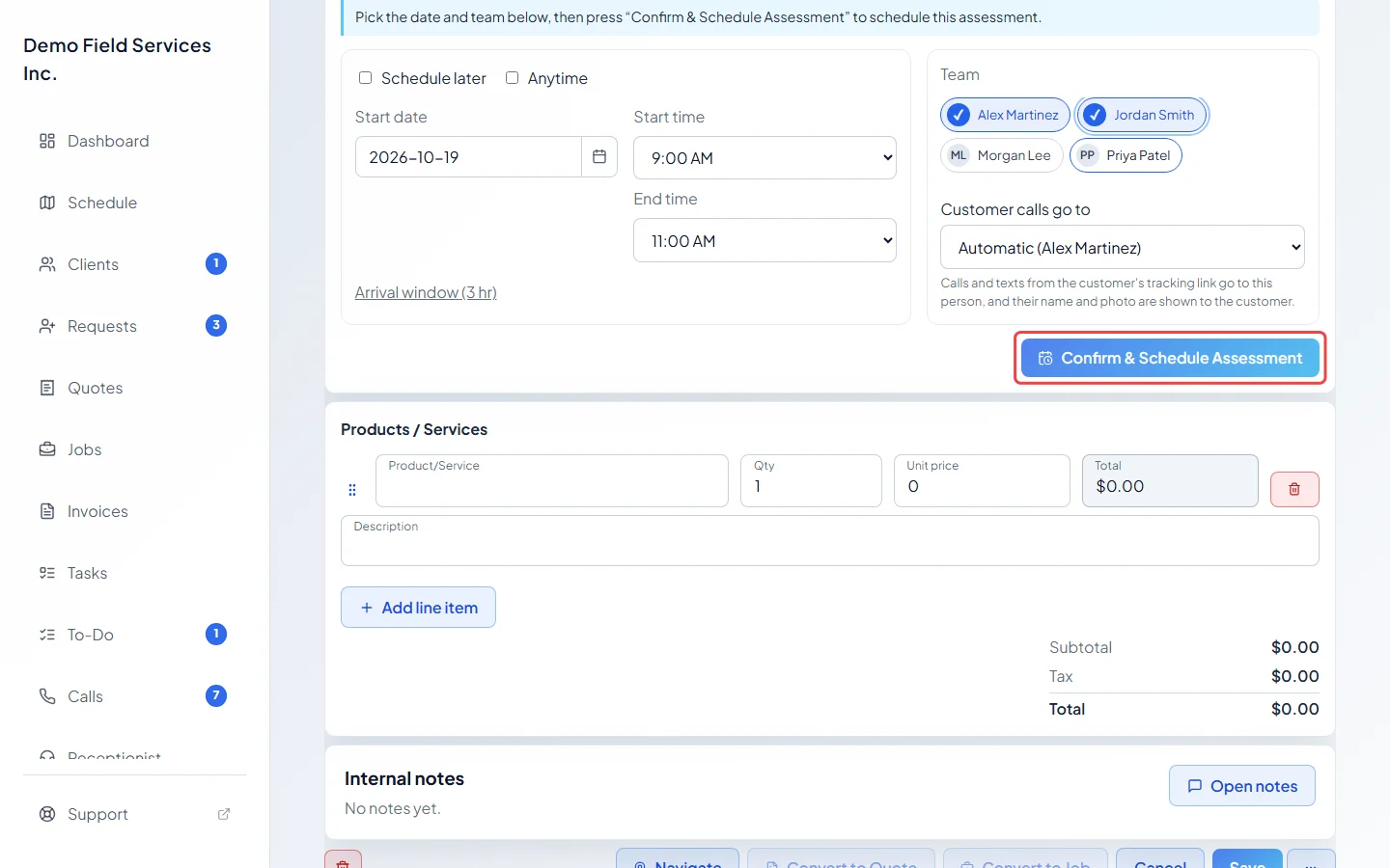 The Confirm & Schedule Assessment button highlighted