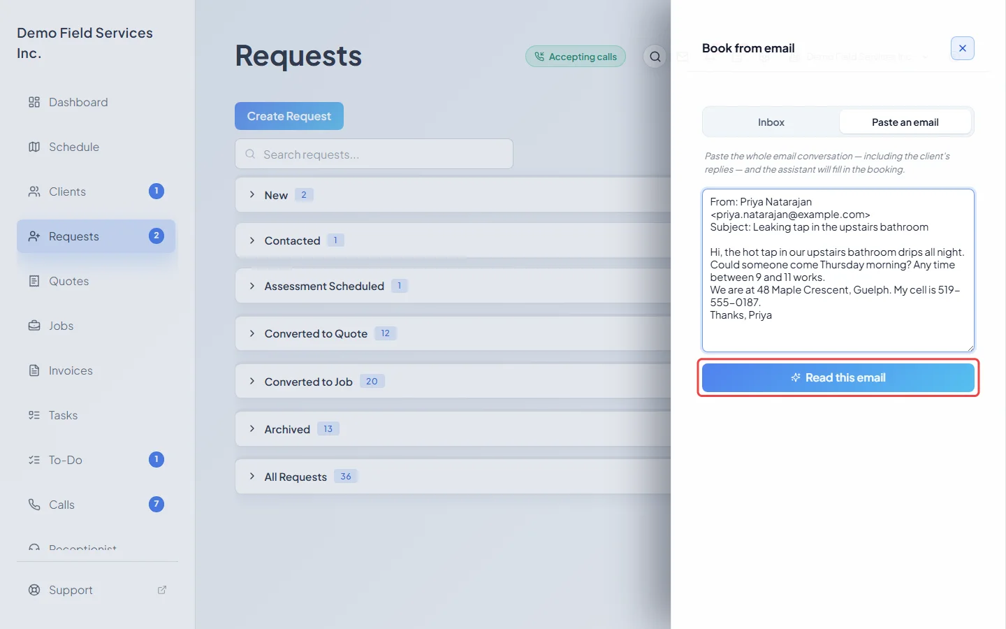 The Paste an email tab with an email pasted in and Read this email highlighted
