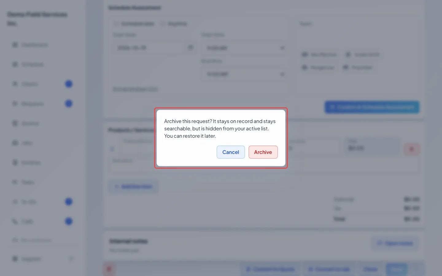 The Archive this request confirmation on a request page