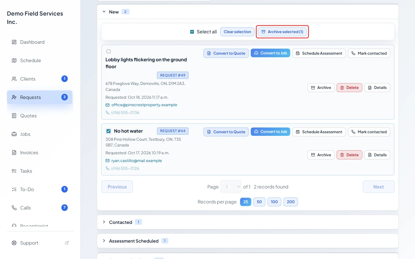 A ticked request and the Archive selected button