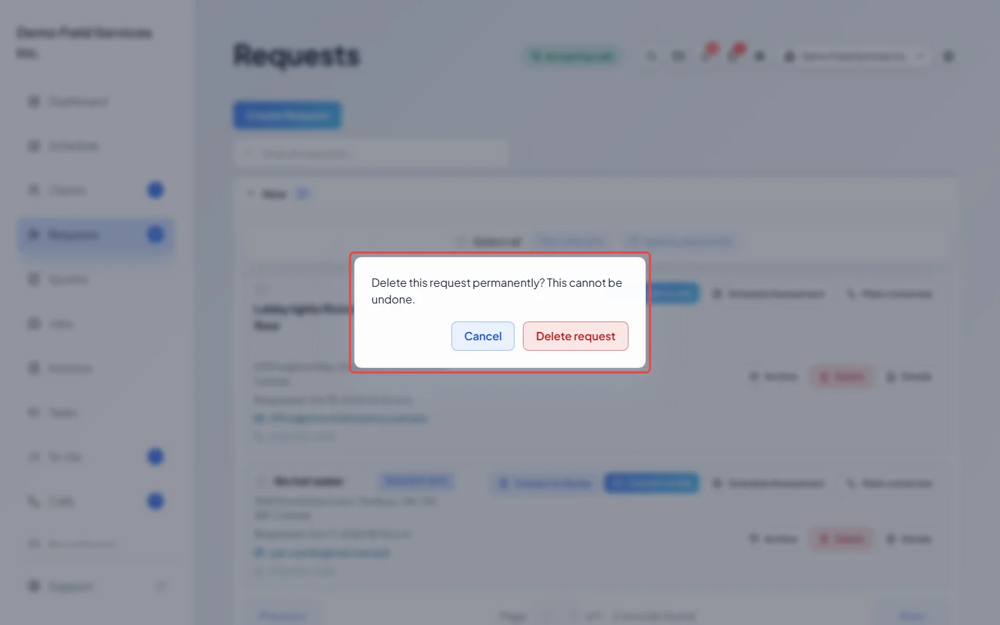 The Delete this request permanently confirmation