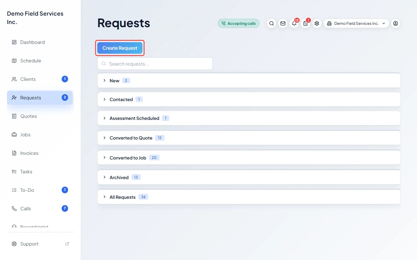The requests board with the Create Request button highlighted