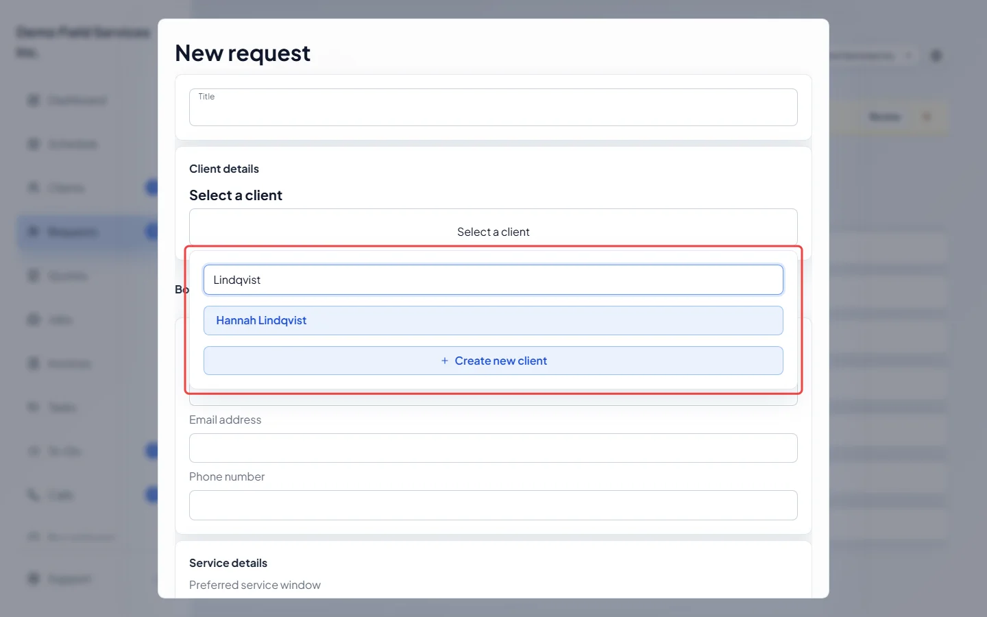 The client search list open with a matching client