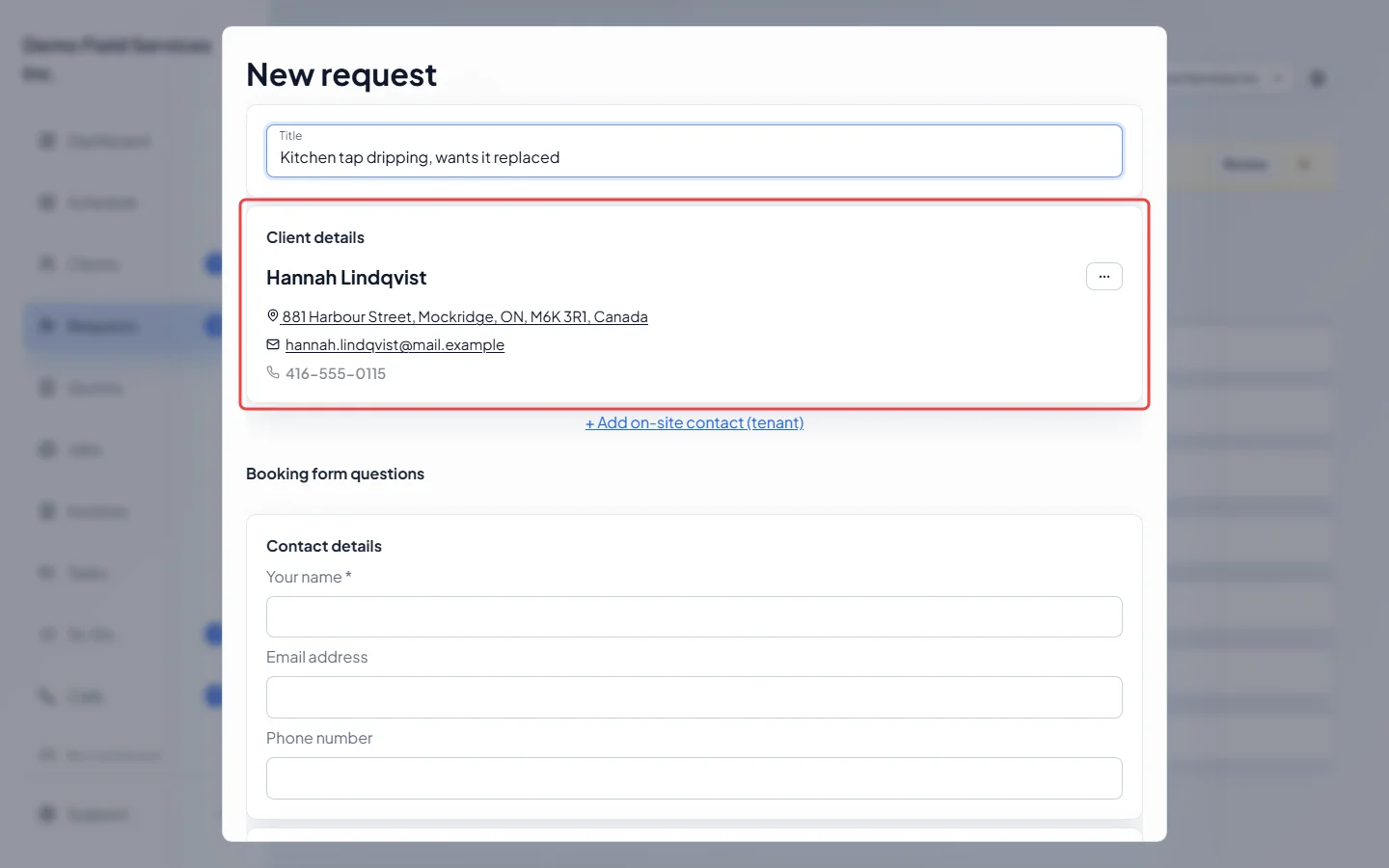 The client's property, email and phone filled in on the request