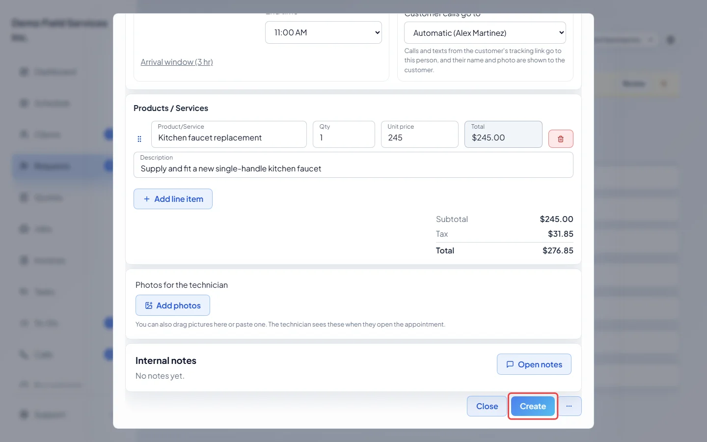 The bottom of the form with the Create button highlighted