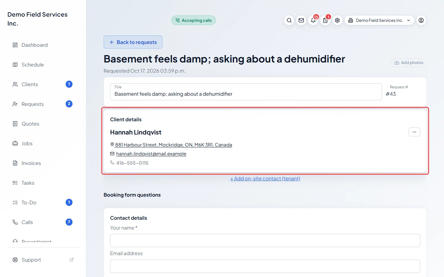 The top of a request page with the client's details