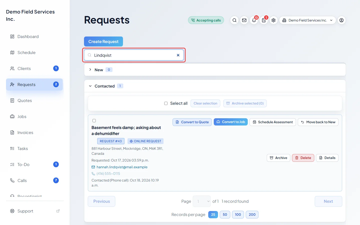 A search typed in, with the matching request showing in its stage