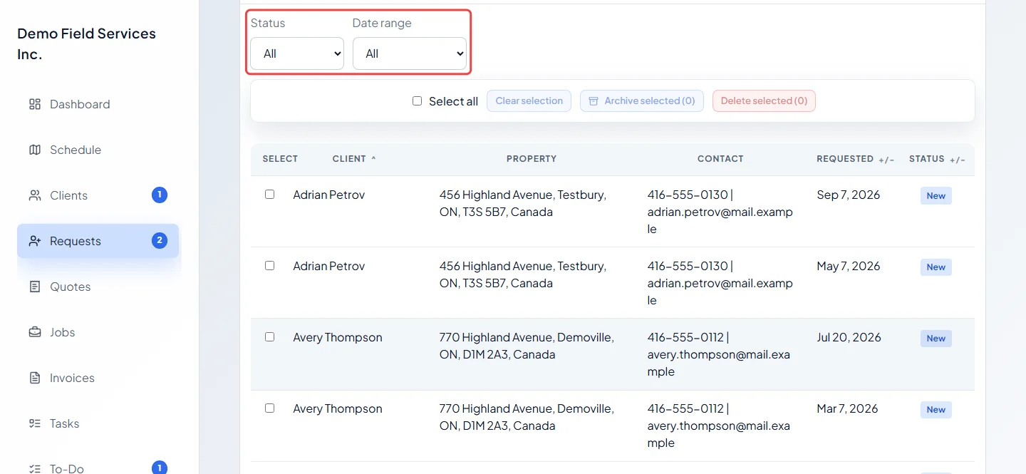 The All Requests table with the Status and Date range filters