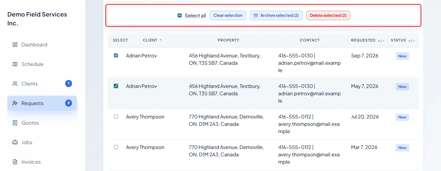 Two requests ticked and the selection bar with Archive selected