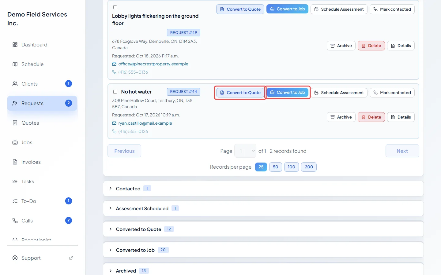 A request card with the Convert to Quote and Convert to Job buttons