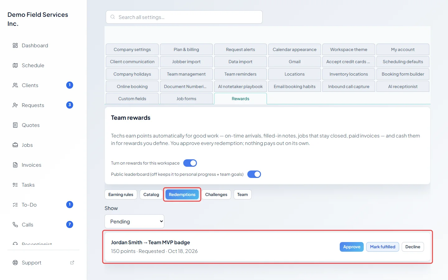 The Redemptions tab with a pending request from a technician
