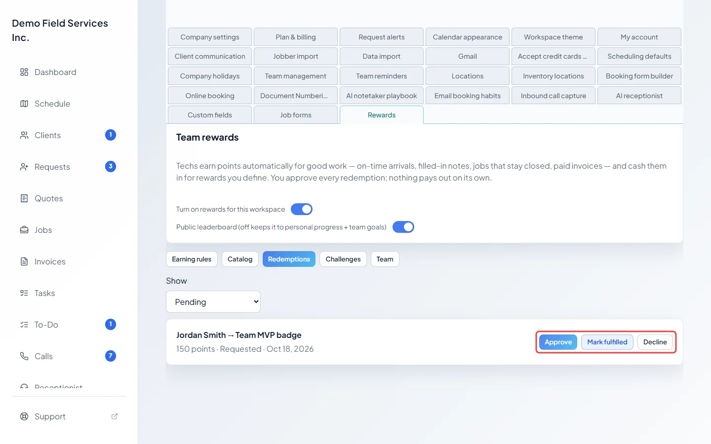 The Approve, Mark fulfilled and Decline buttons on a request
