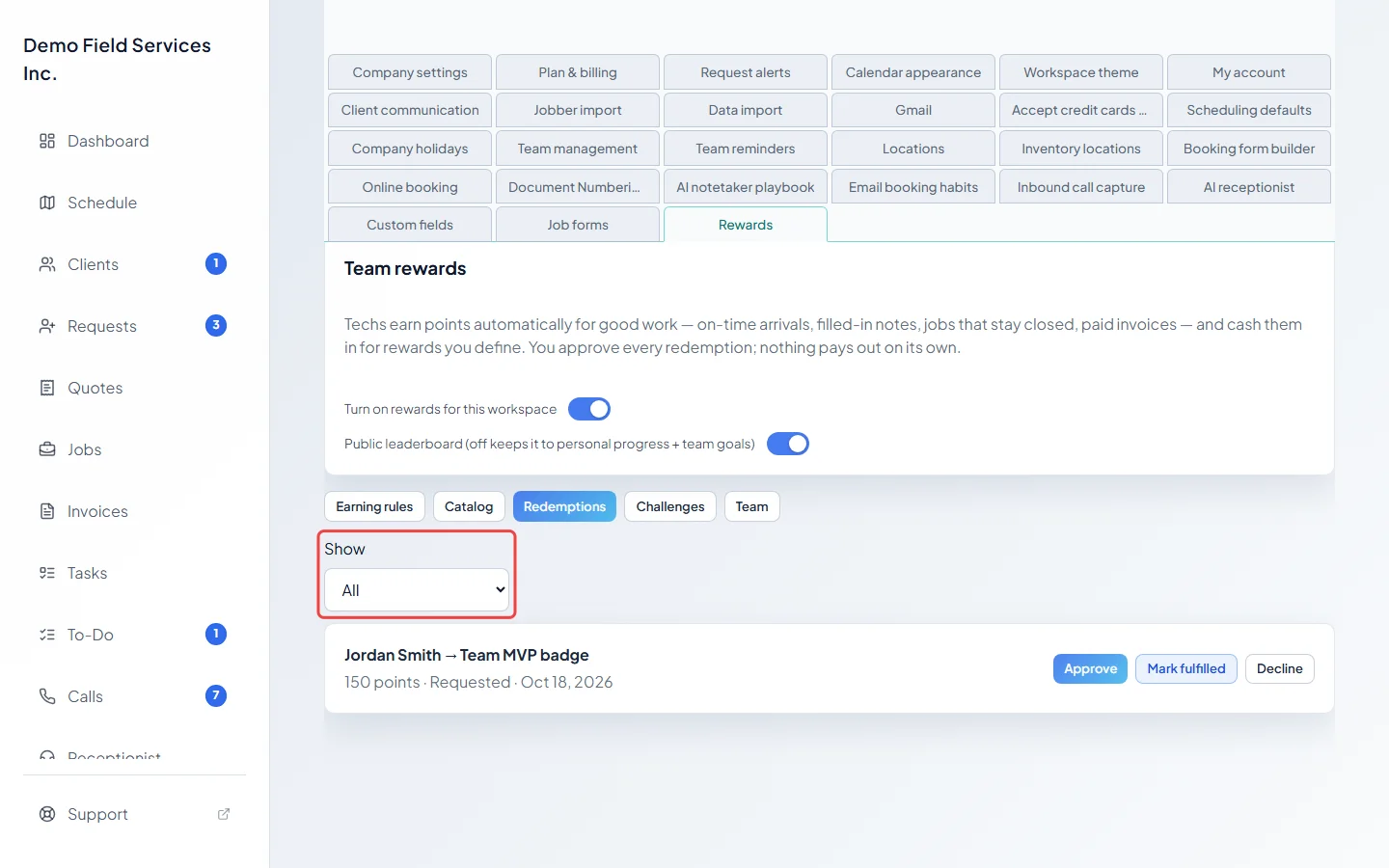 The Show list for filtering requests by status