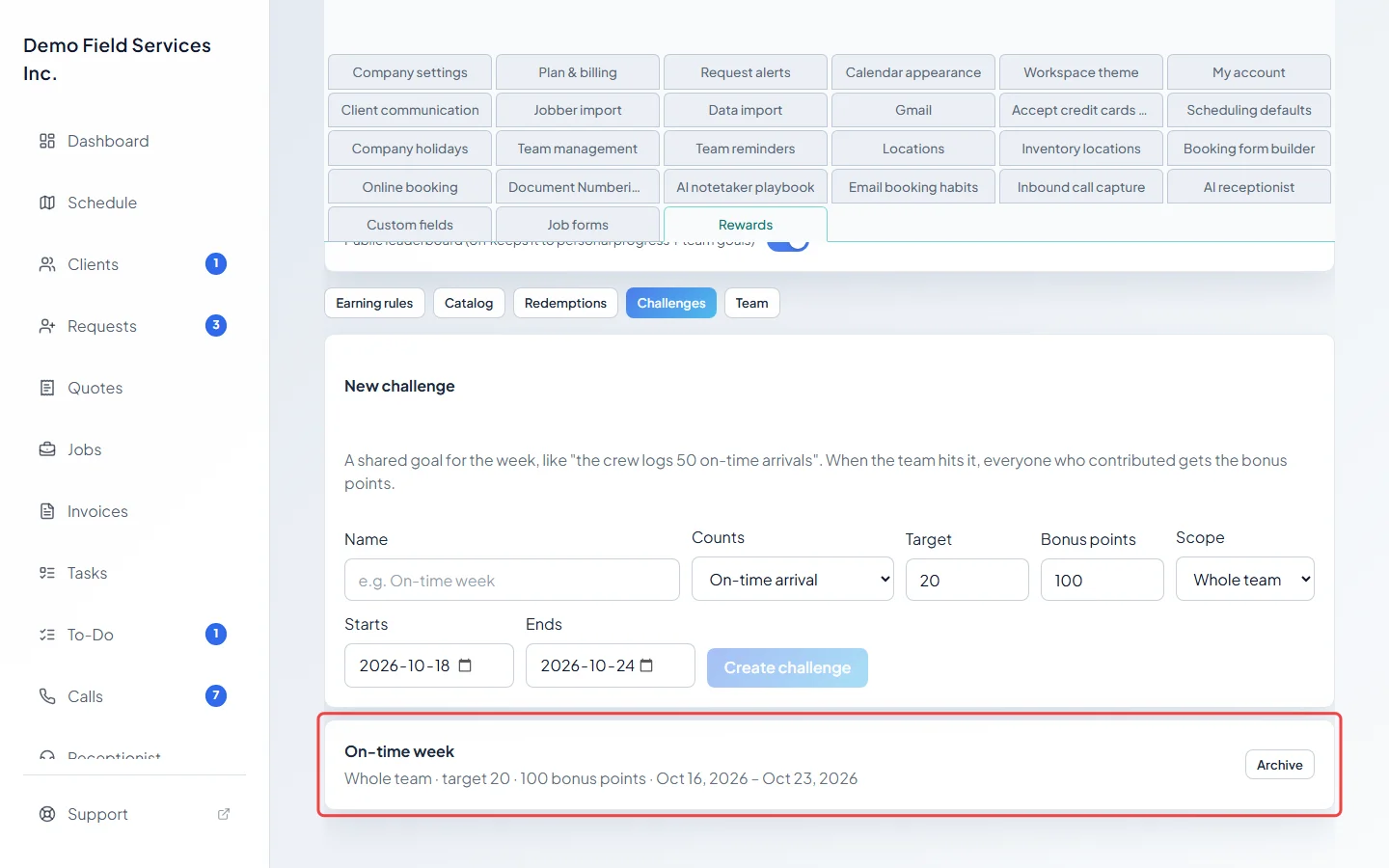 The Challenges tab with the New challenge form and a running challenge
