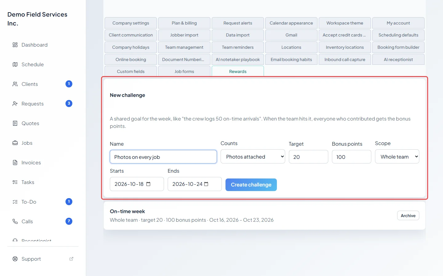 The New challenge form filled in