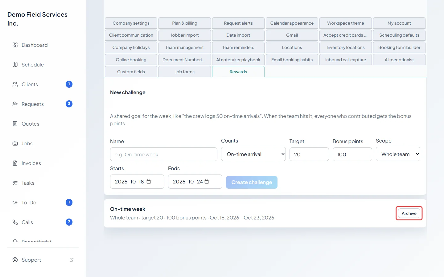 A challenge in the list with its dates and the Archive button