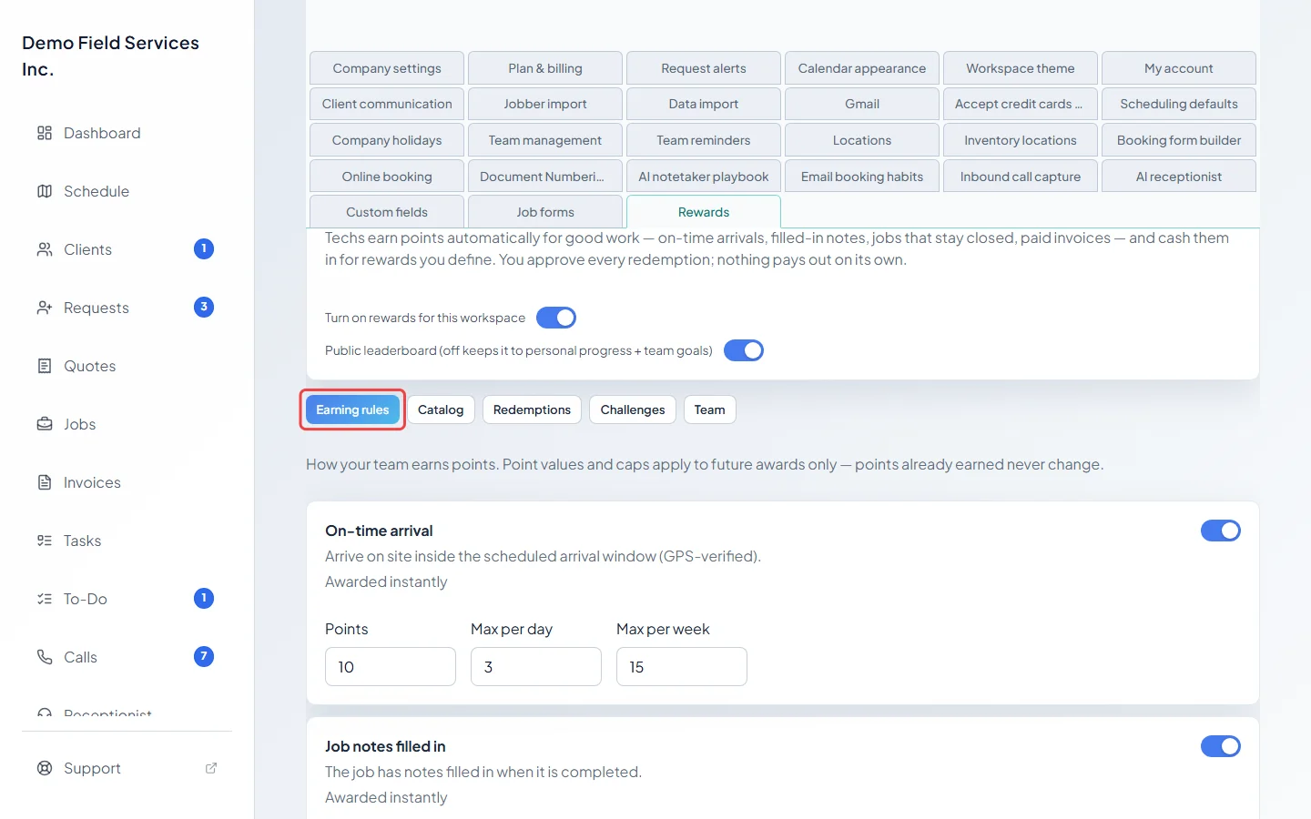 The Earning rules tab listing the rules with their points