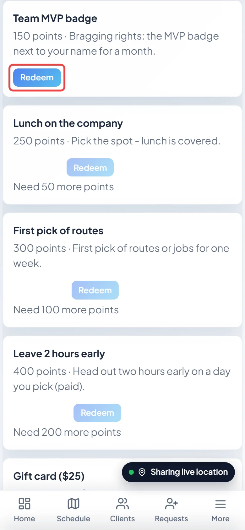 The rewards you can get with their point costs and Redeem buttons