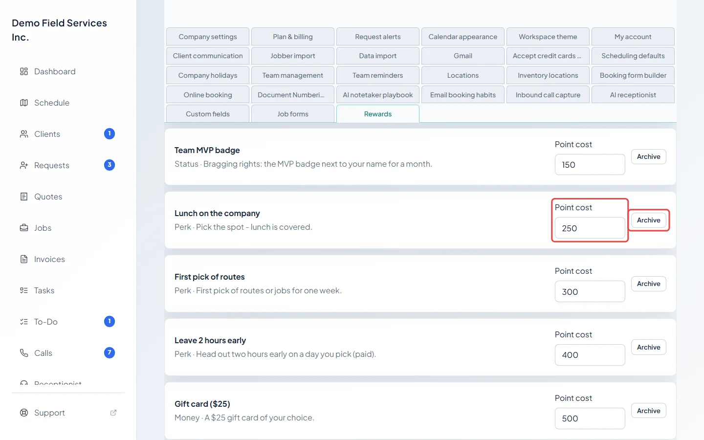 A reward's point cost box and Archive button