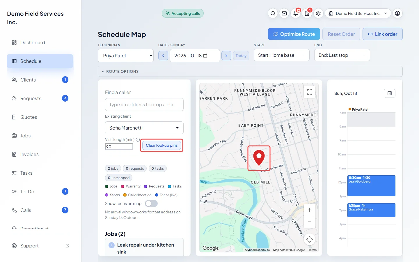 A lookup pin dropped for a client's address and the Clear lookup pins button