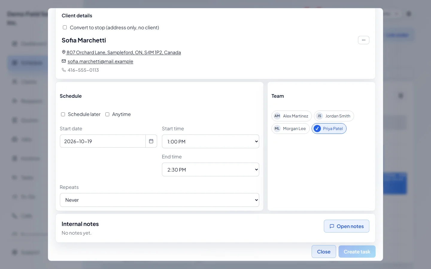 The new task form filled in from the lookup pin