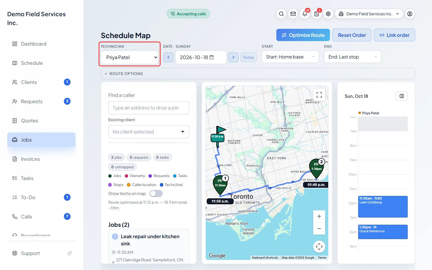 The Technician picker on the Schedule Map with one team member chosen