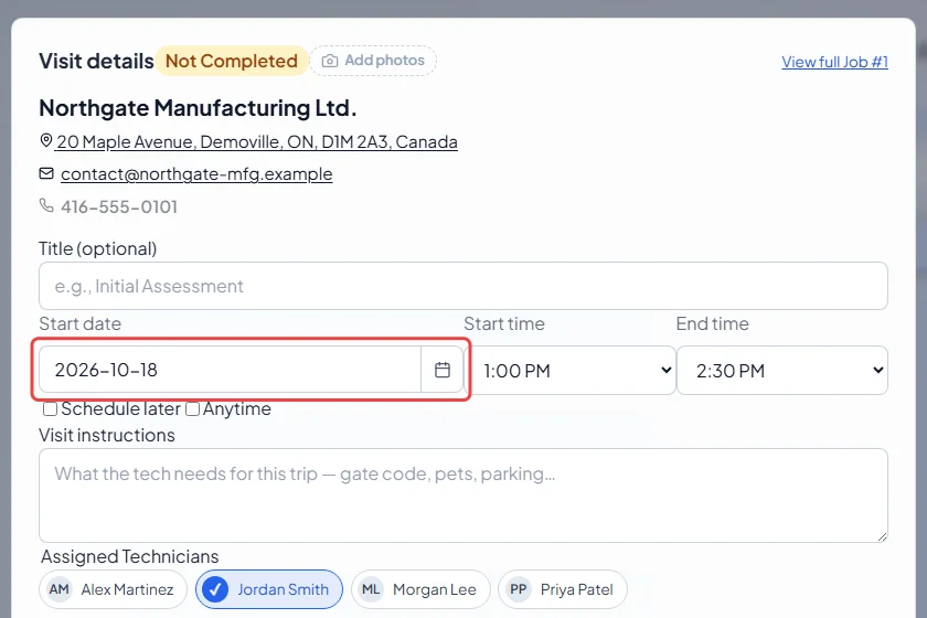The visit details window with the start date box highlighted
