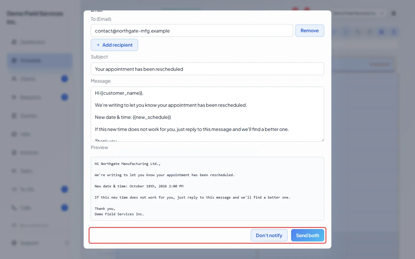 The Don't notify and send buttons at the bottom of the notify window