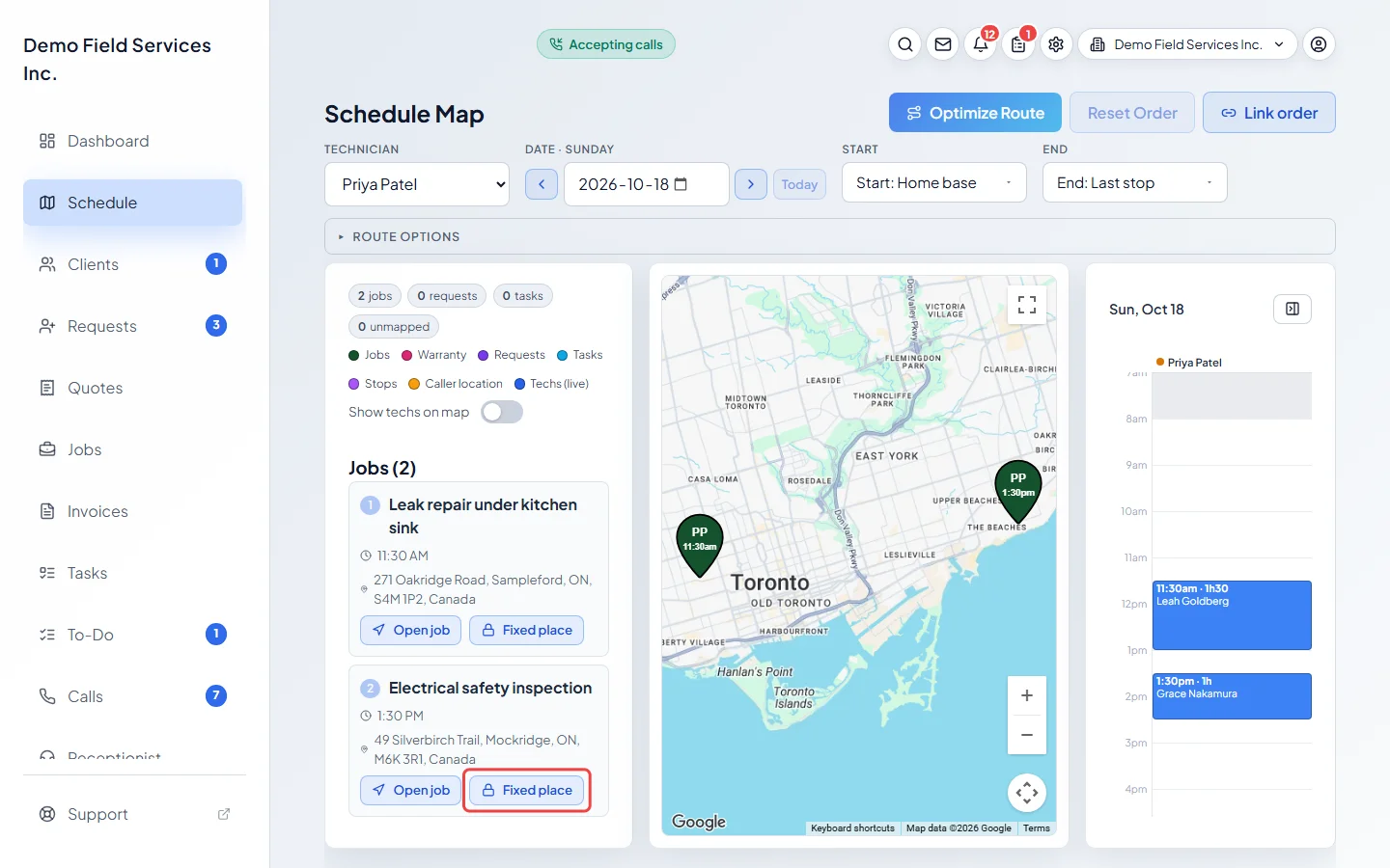 The Fixed place button on a stop in the list beside the map