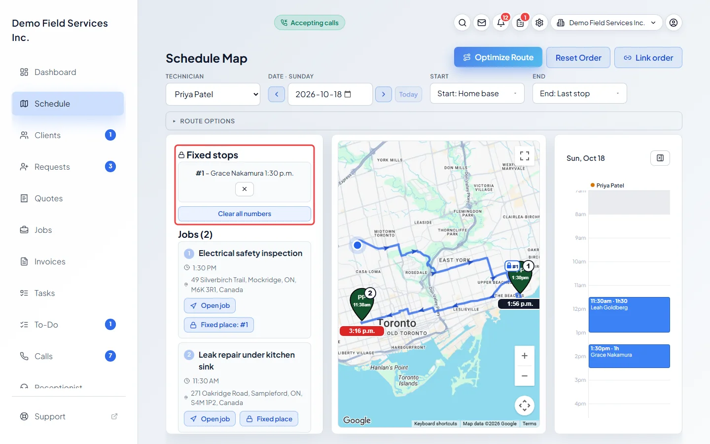 The Fixed stops list beside the map after optimizing