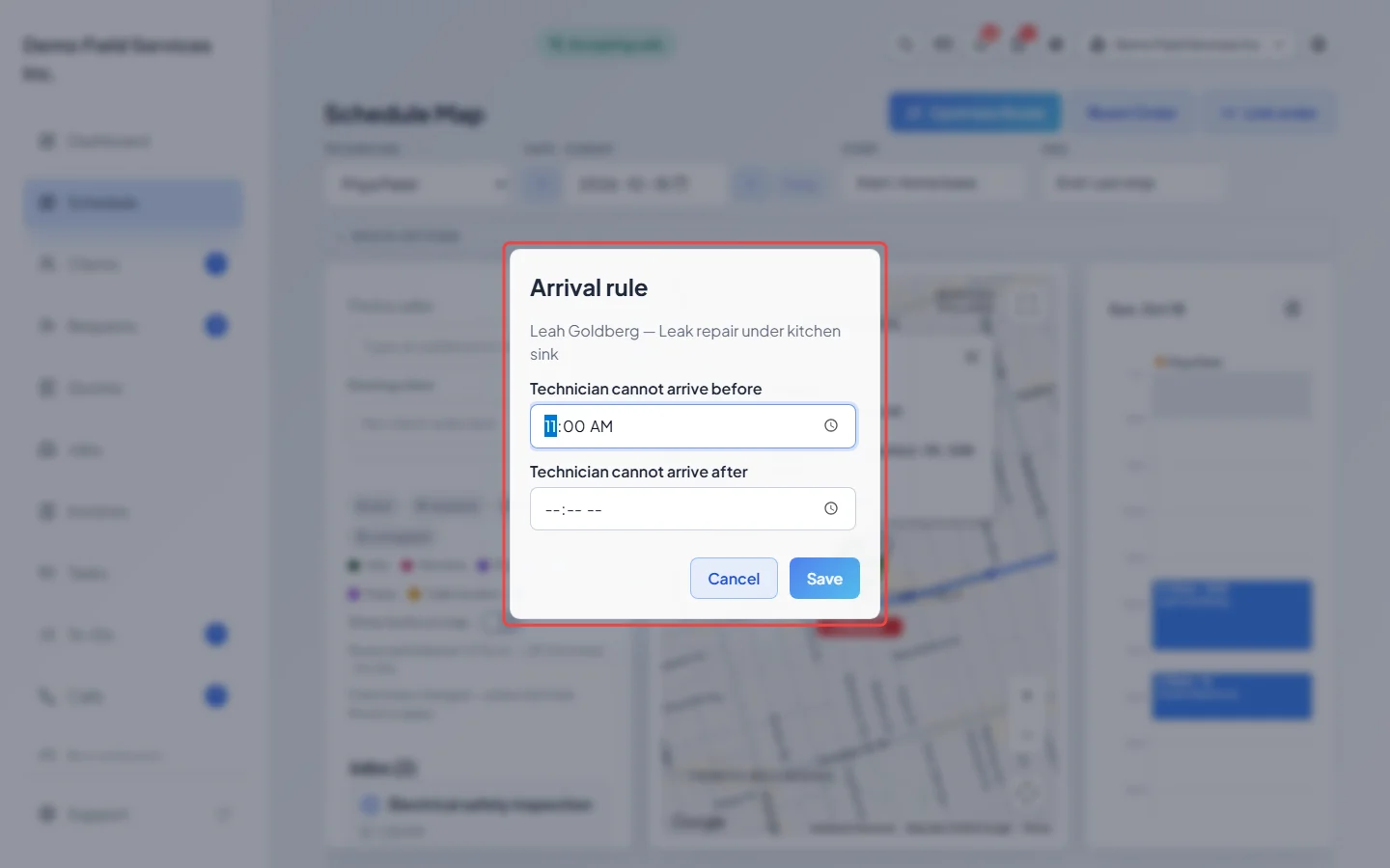 The Arrival rule window with a cannot arrive before time
