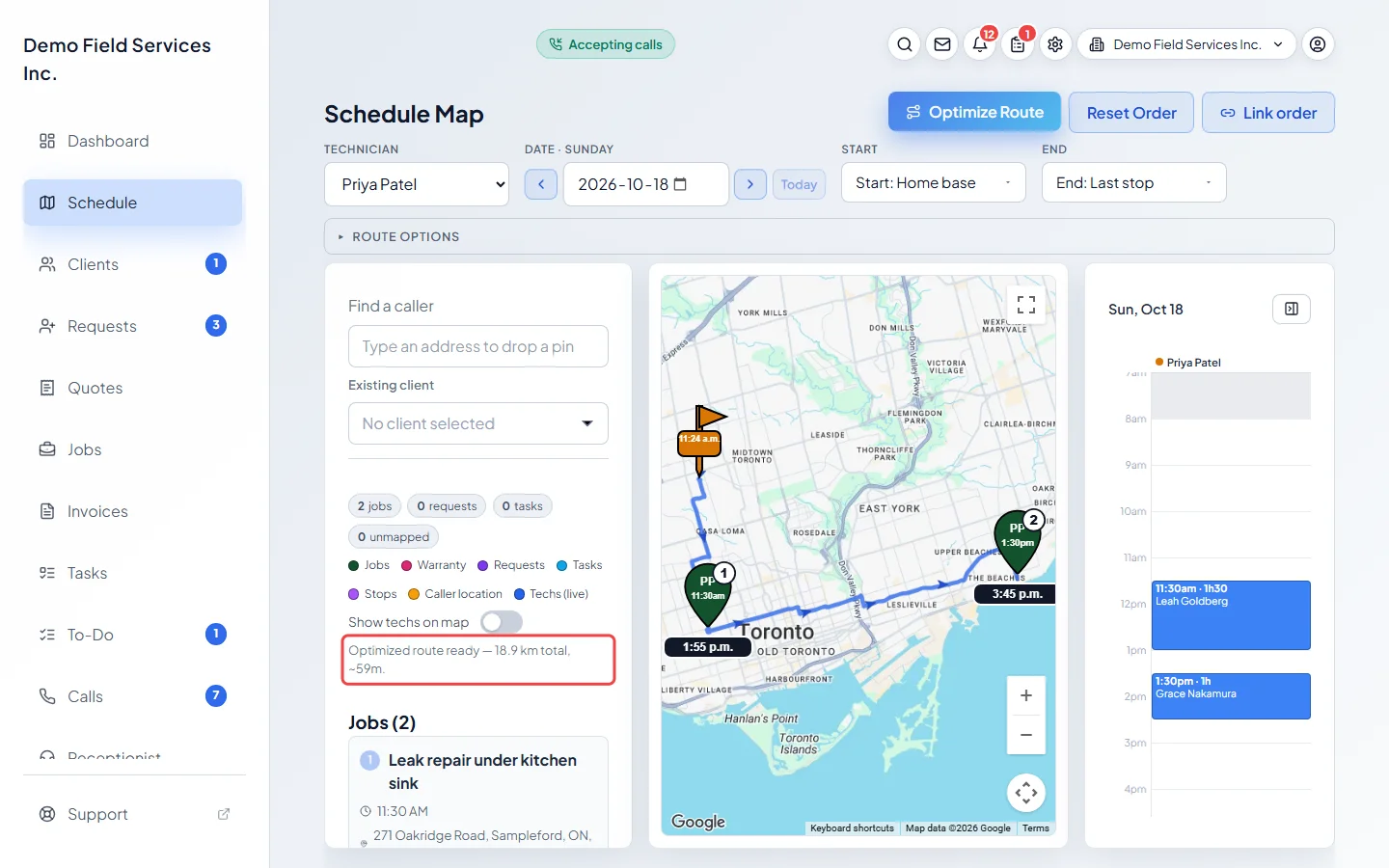 A freshly optimized route with its summary line