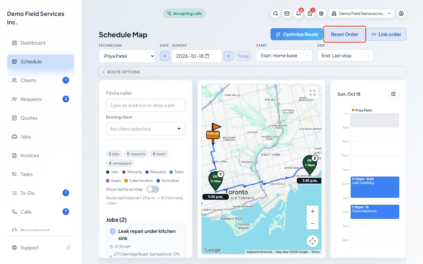The Reset Order button that stops sharing the route
