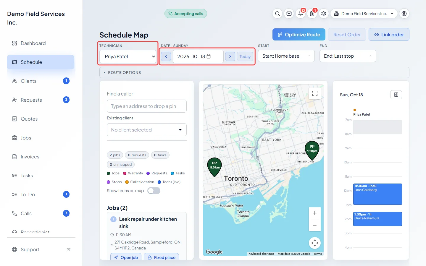 The Technician picker and the date arrows on the Schedule Map