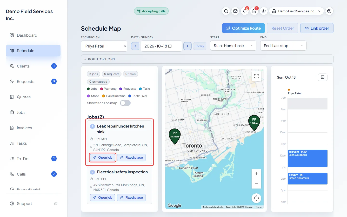 A stop in the list beside the map with its Open job button