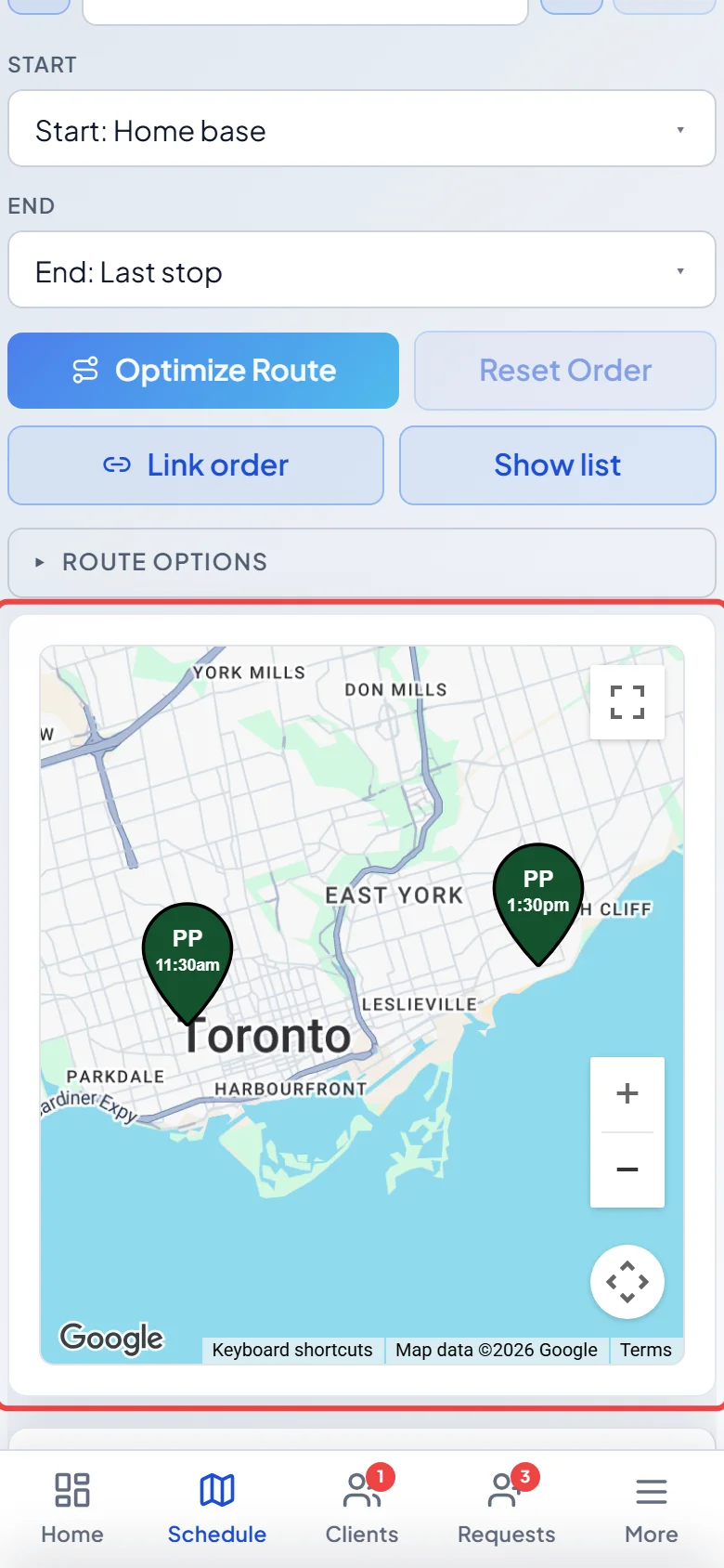 The Schedule Map on a phone with a technician's stops