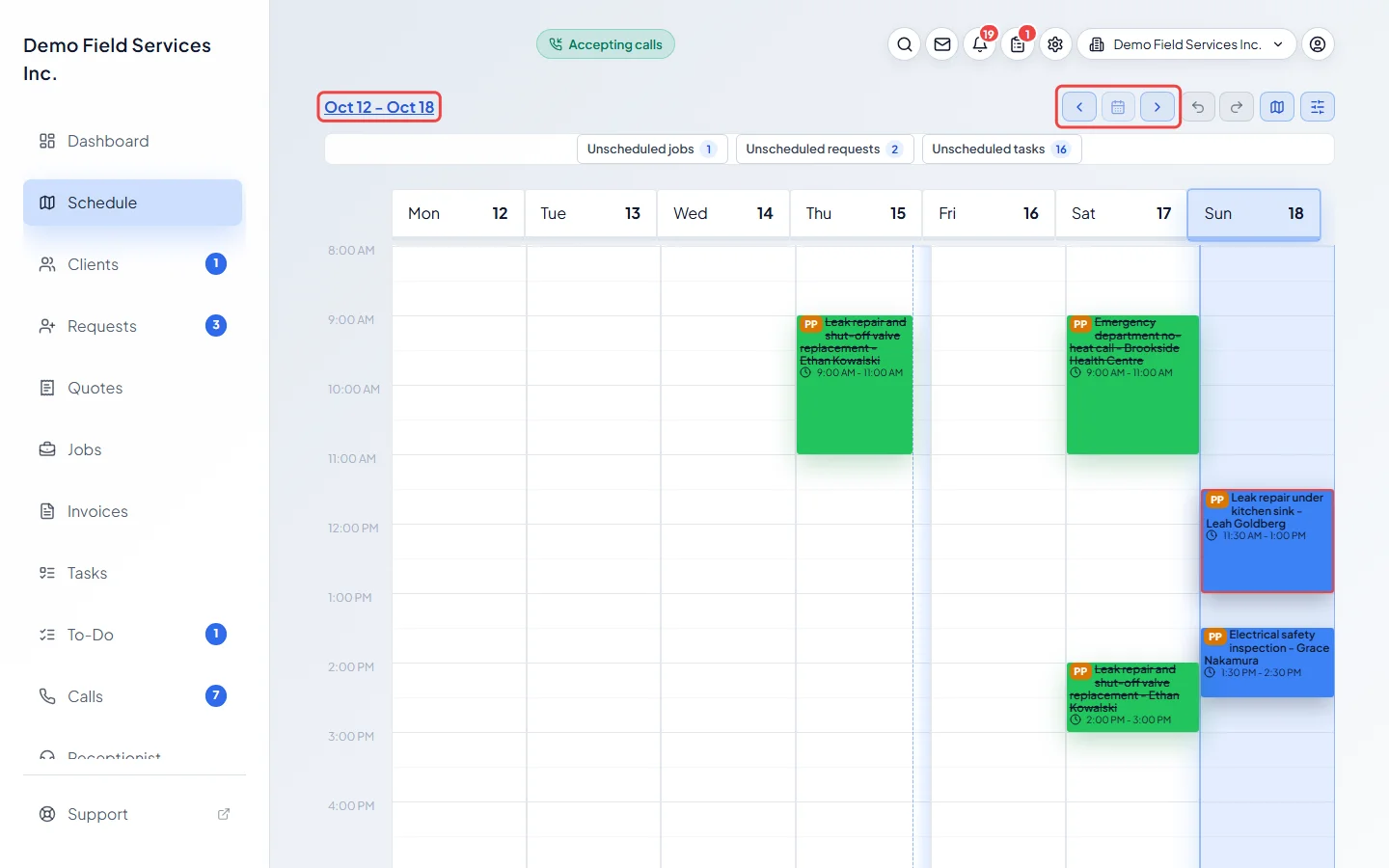 The date at the top of the Schedule and the arrow and Today buttons