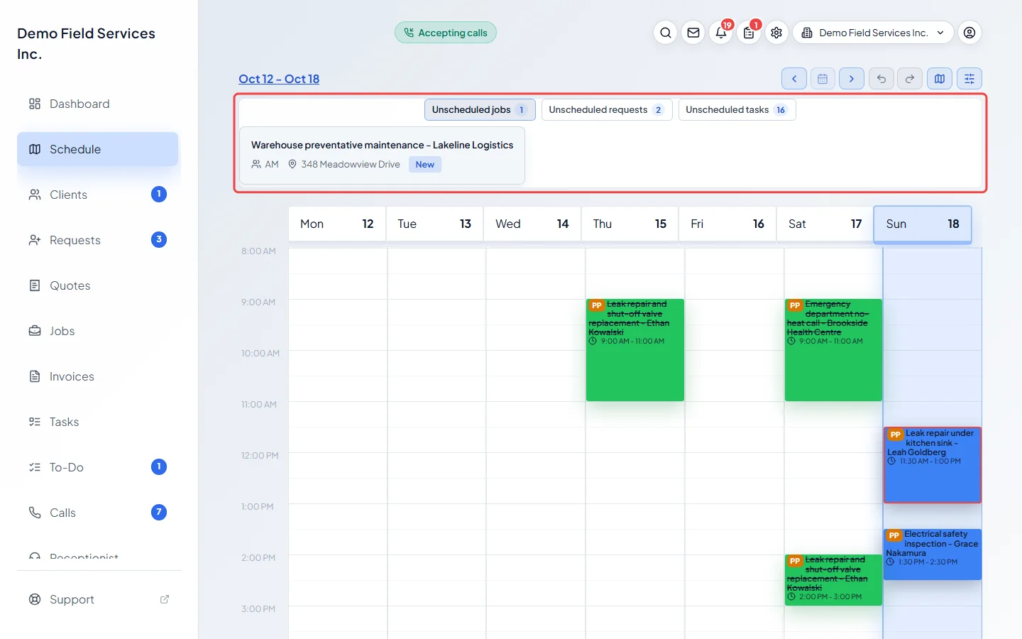 The unscheduled jobs list above the calendar