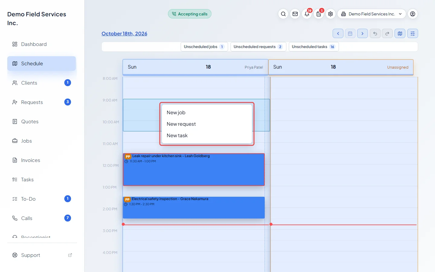 The menu for adding a new job, request or task at a chosen time