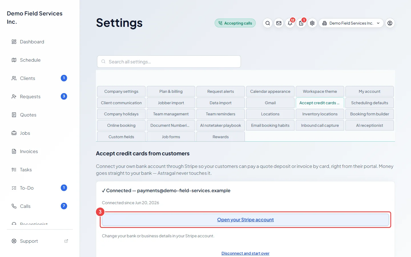 The Open your Stripe account button on the connected card