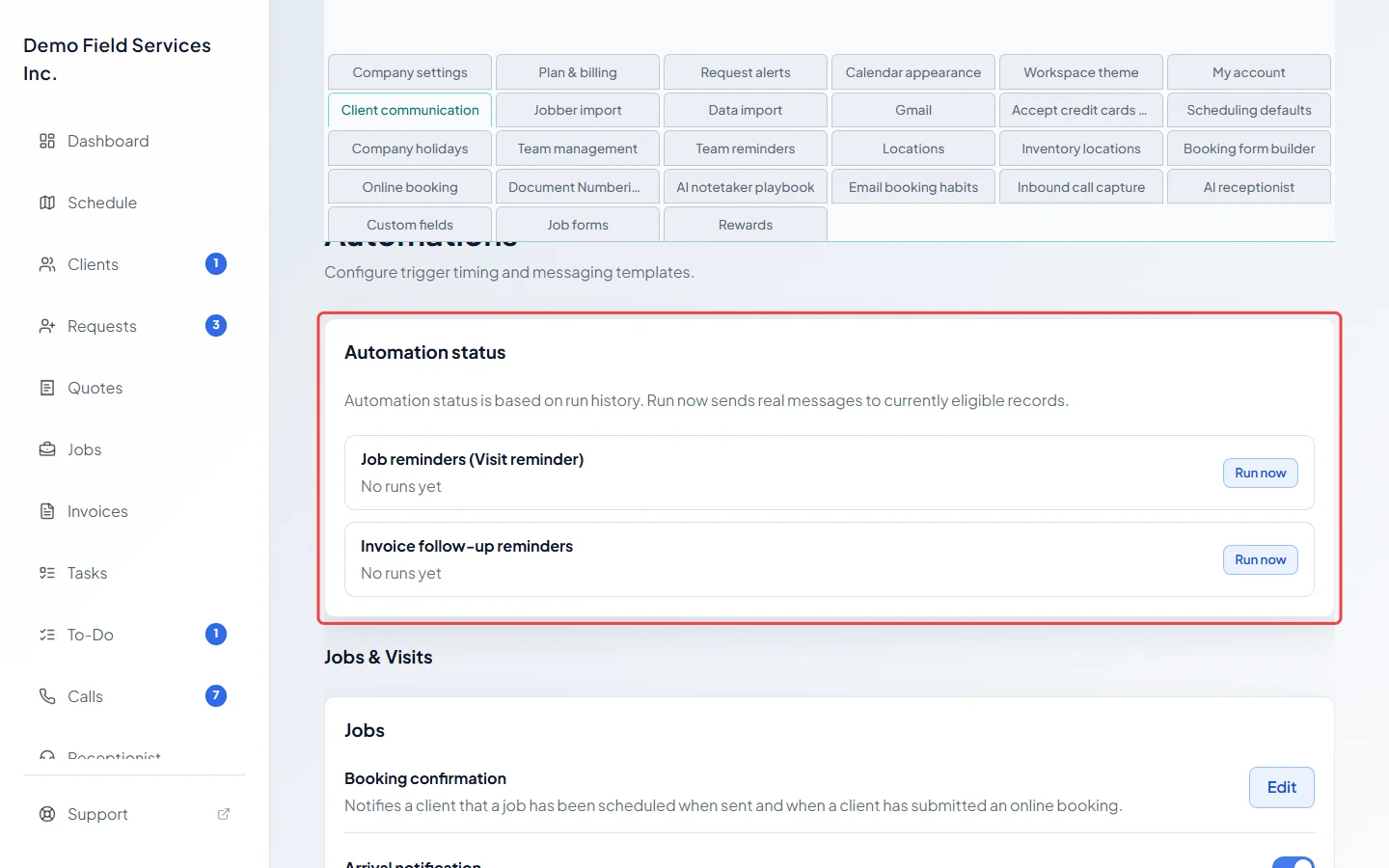 The Automation status card at the top of the automations page