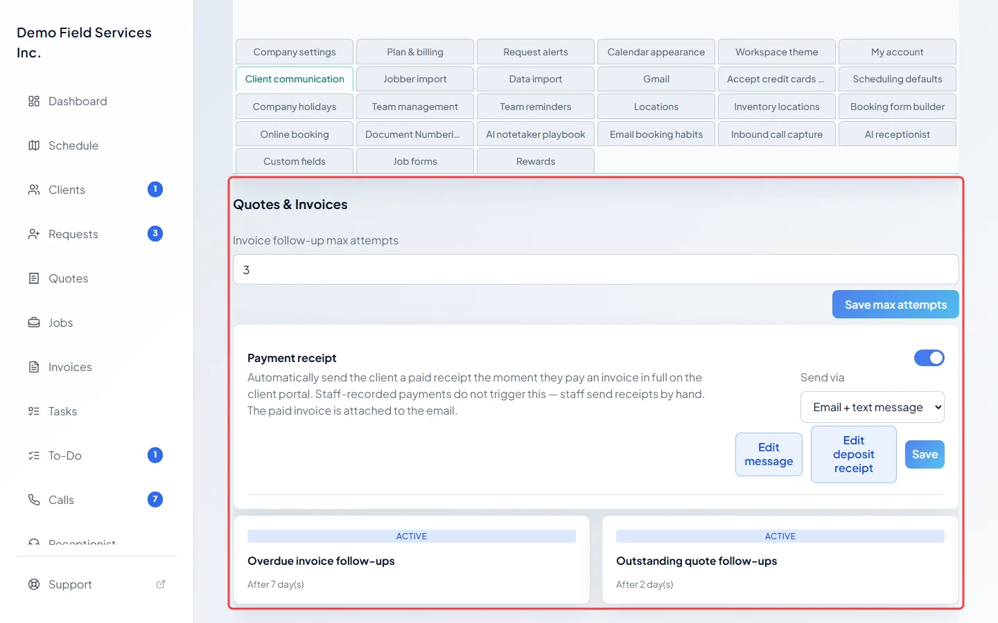 The Quotes and Invoices settings with the follow-up cards