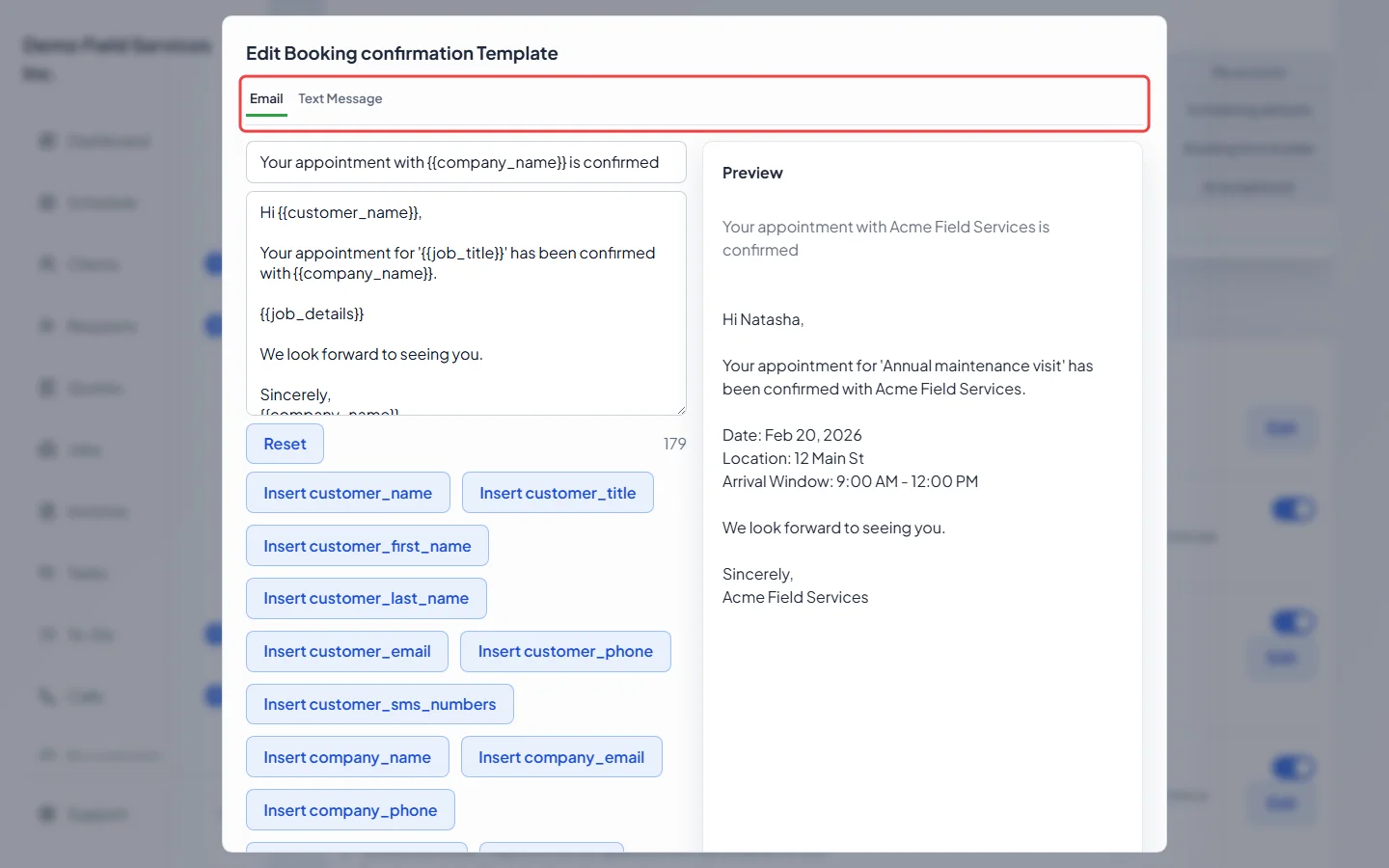 The message editor with its Email and Text Message tabs