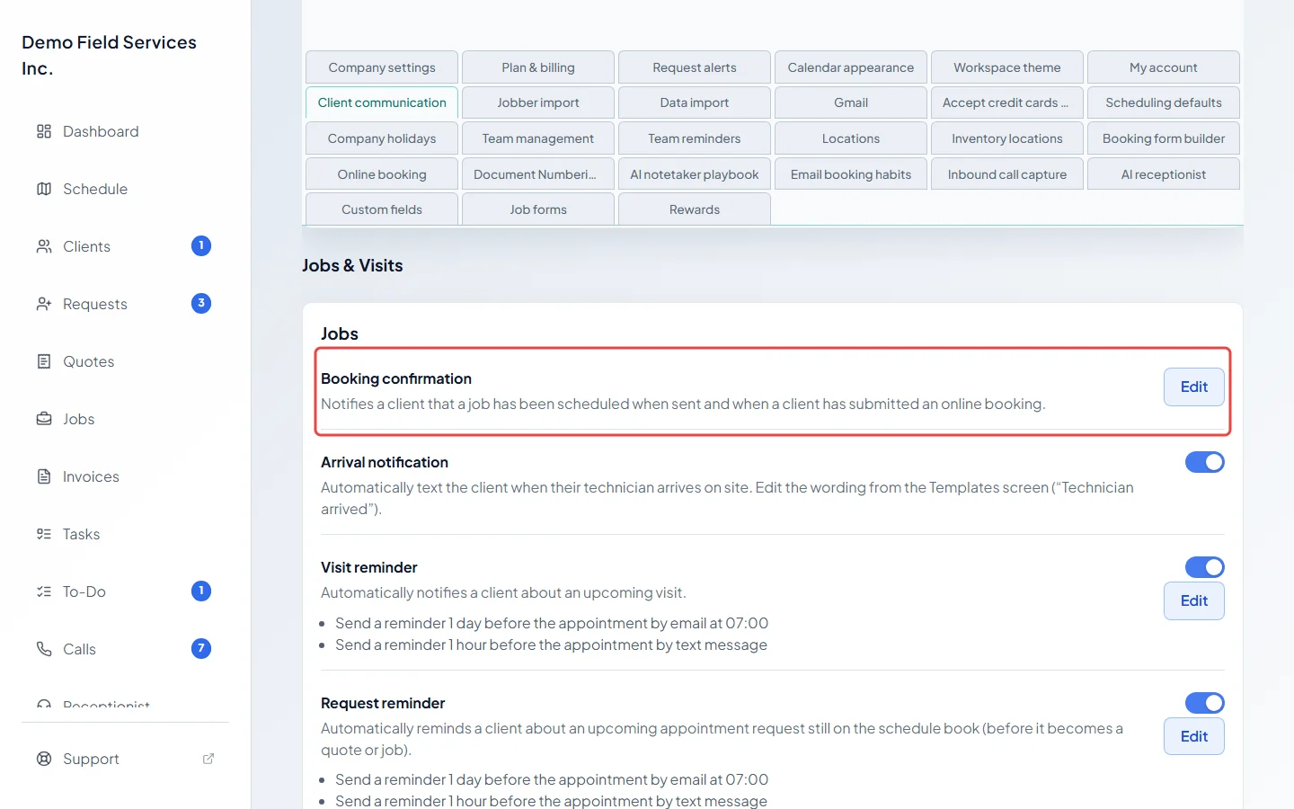 The Booking confirmation row at the top of the Jobs card