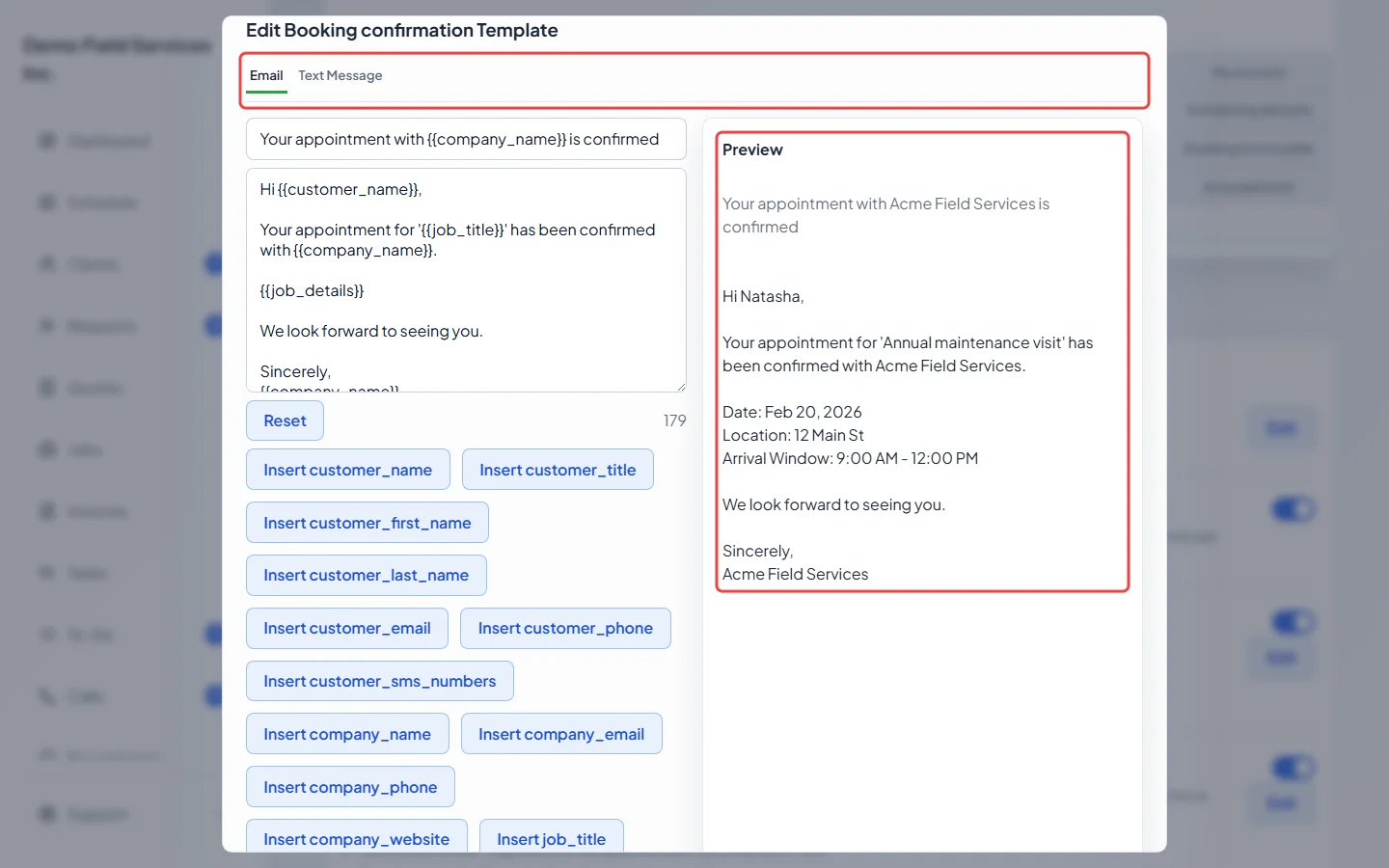The Edit Booking confirmation Template window